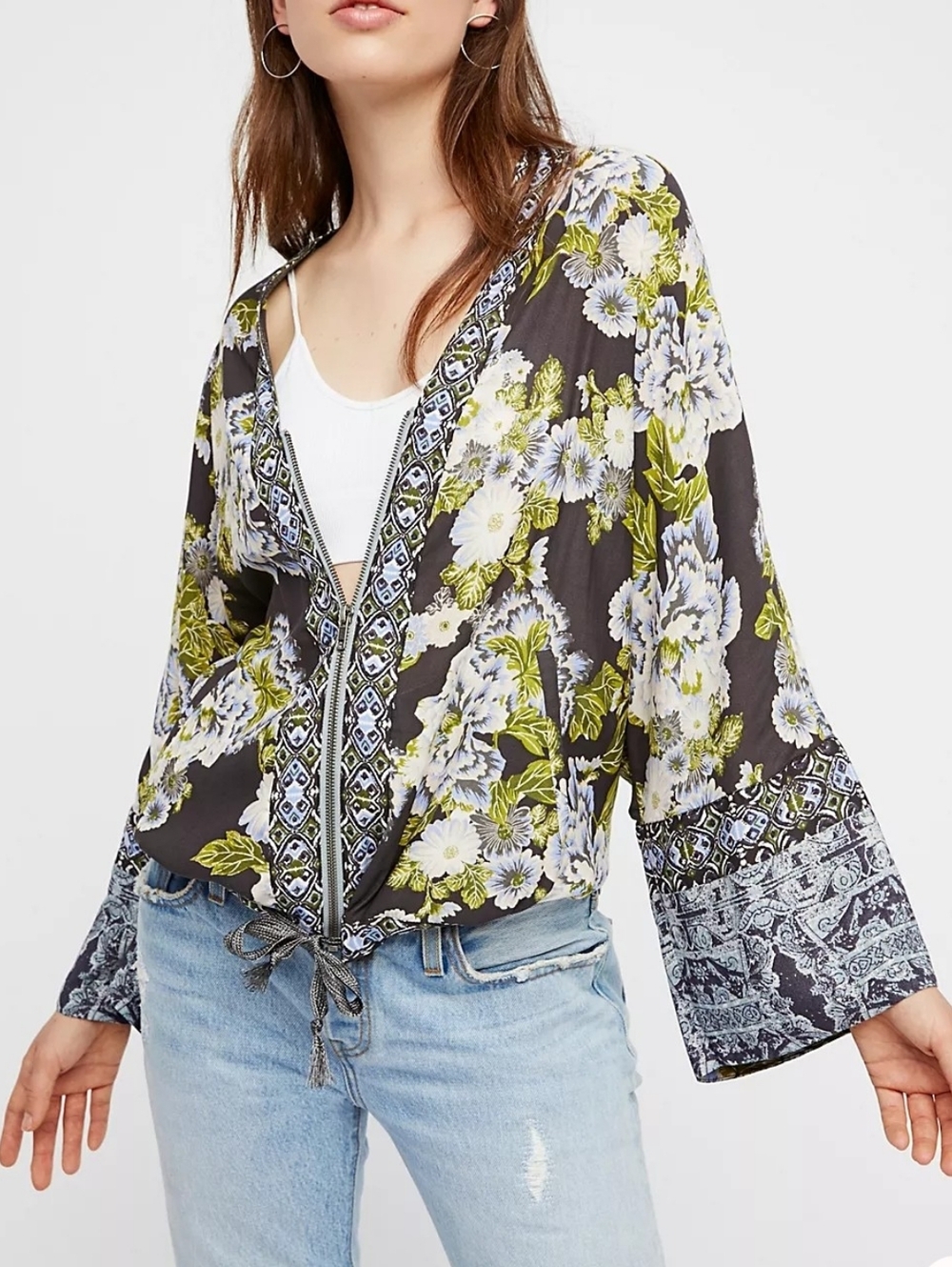 💎 Free People Women's Wildflower Printed Kimono Floral Drawstring Zip